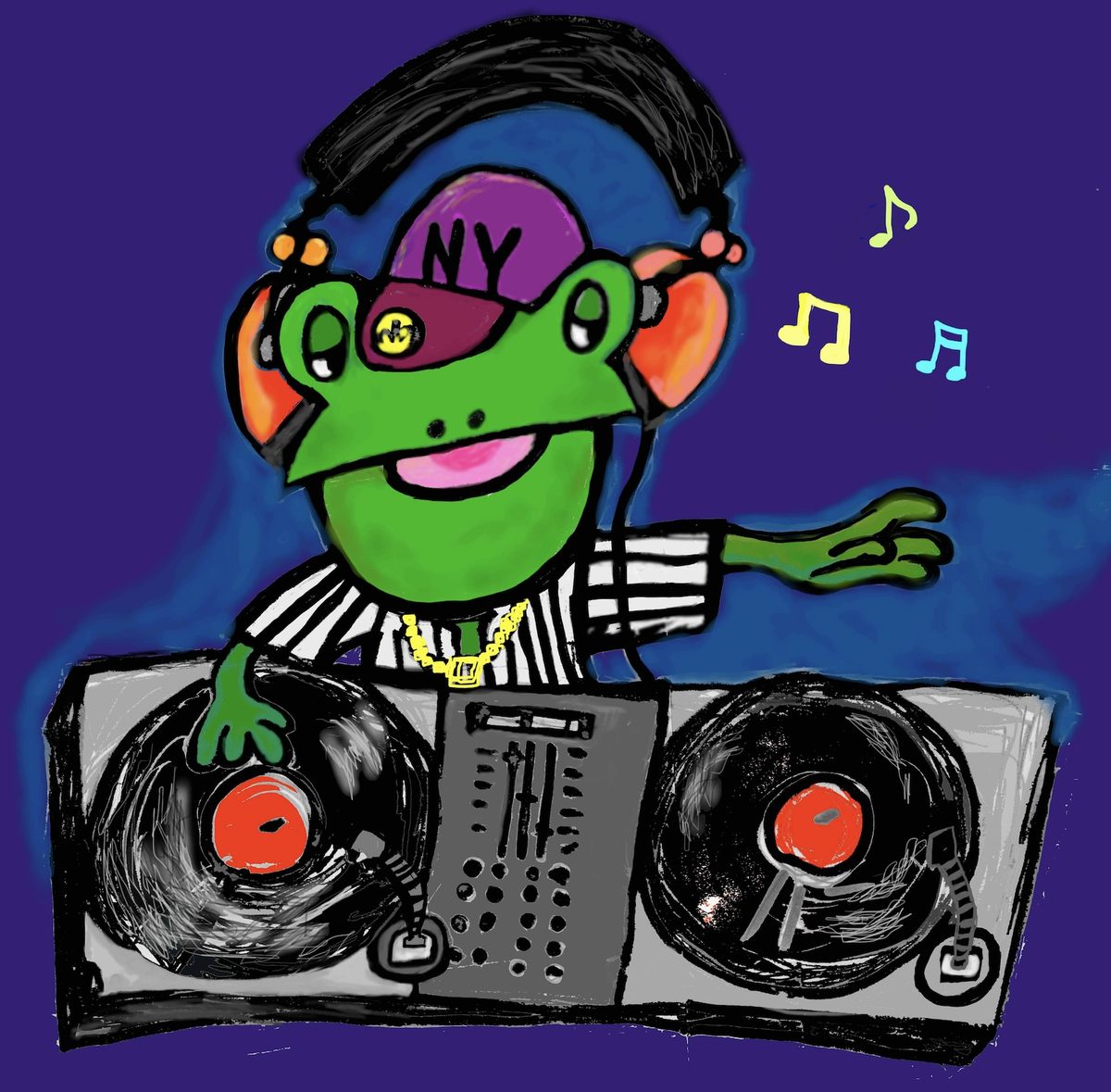 ターンテーブルでDJをするSUBUMI FROG。紫のNYキャップ、オレンジのヘッドホン、ゴールドチェーン、白黒ストライプシャツ姿のカエル